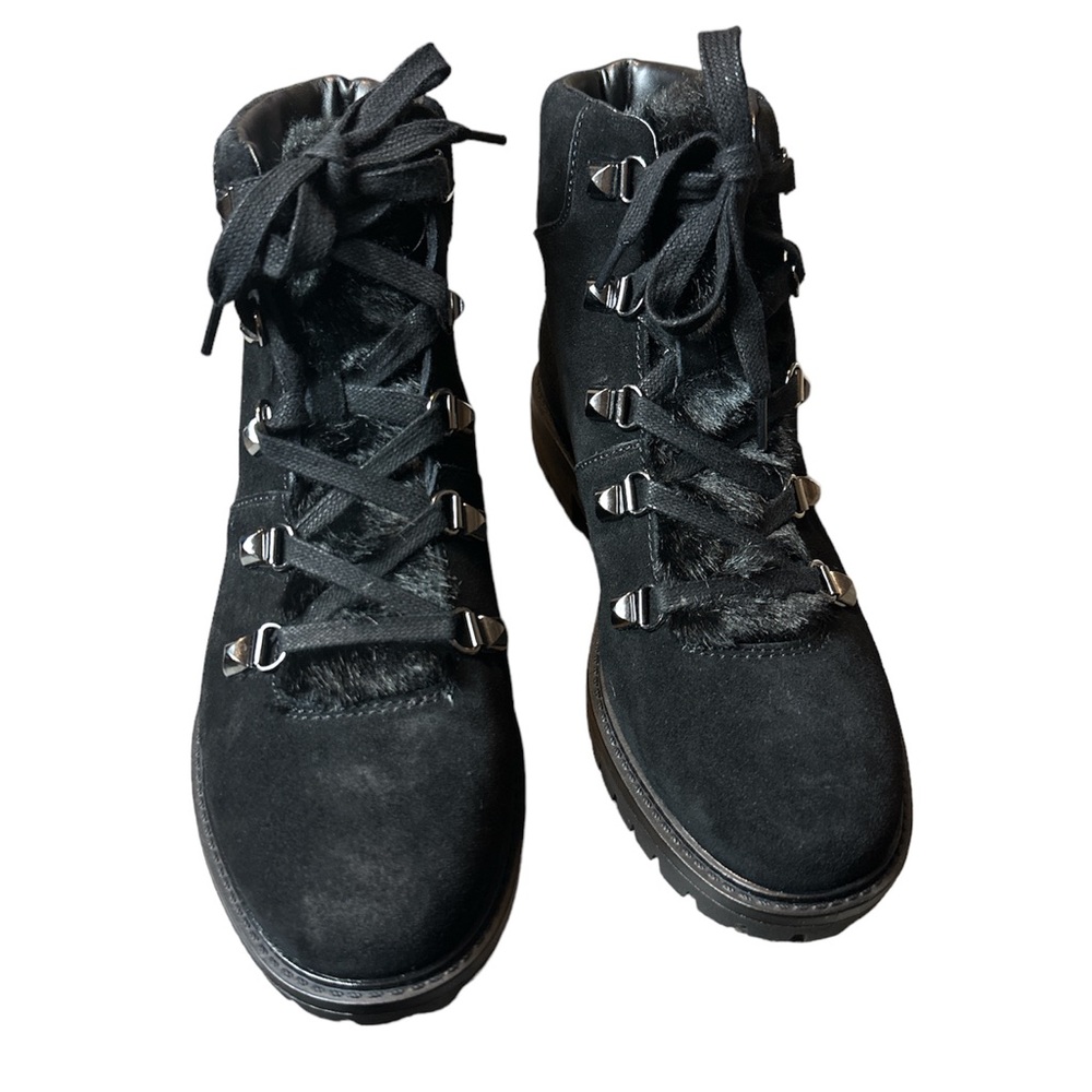 Marc Fisher Black Suede Faux Fur Trim Lace Up Ankle Boots Hobson Size 7 NEW - Picture 3 of 7